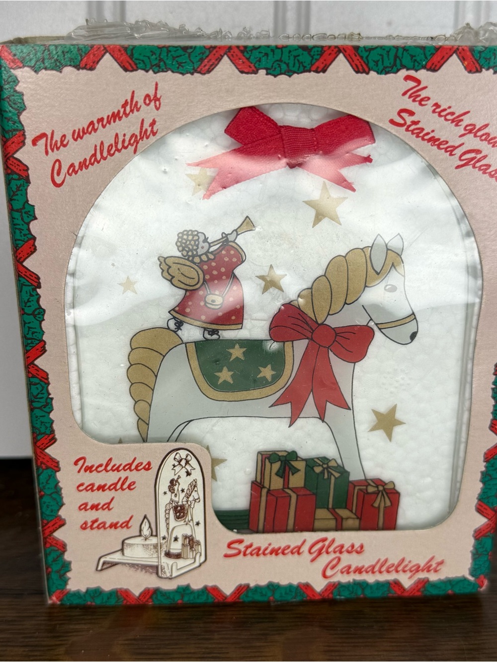 NOS 1991 VTG Artmark Rocking Horse Stained Glass Candlelight candle Holder